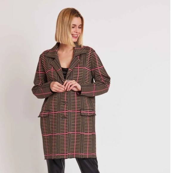Derhy Jackets & Blazers - Women's Pink and Black Plaid Coat Jacket Size M